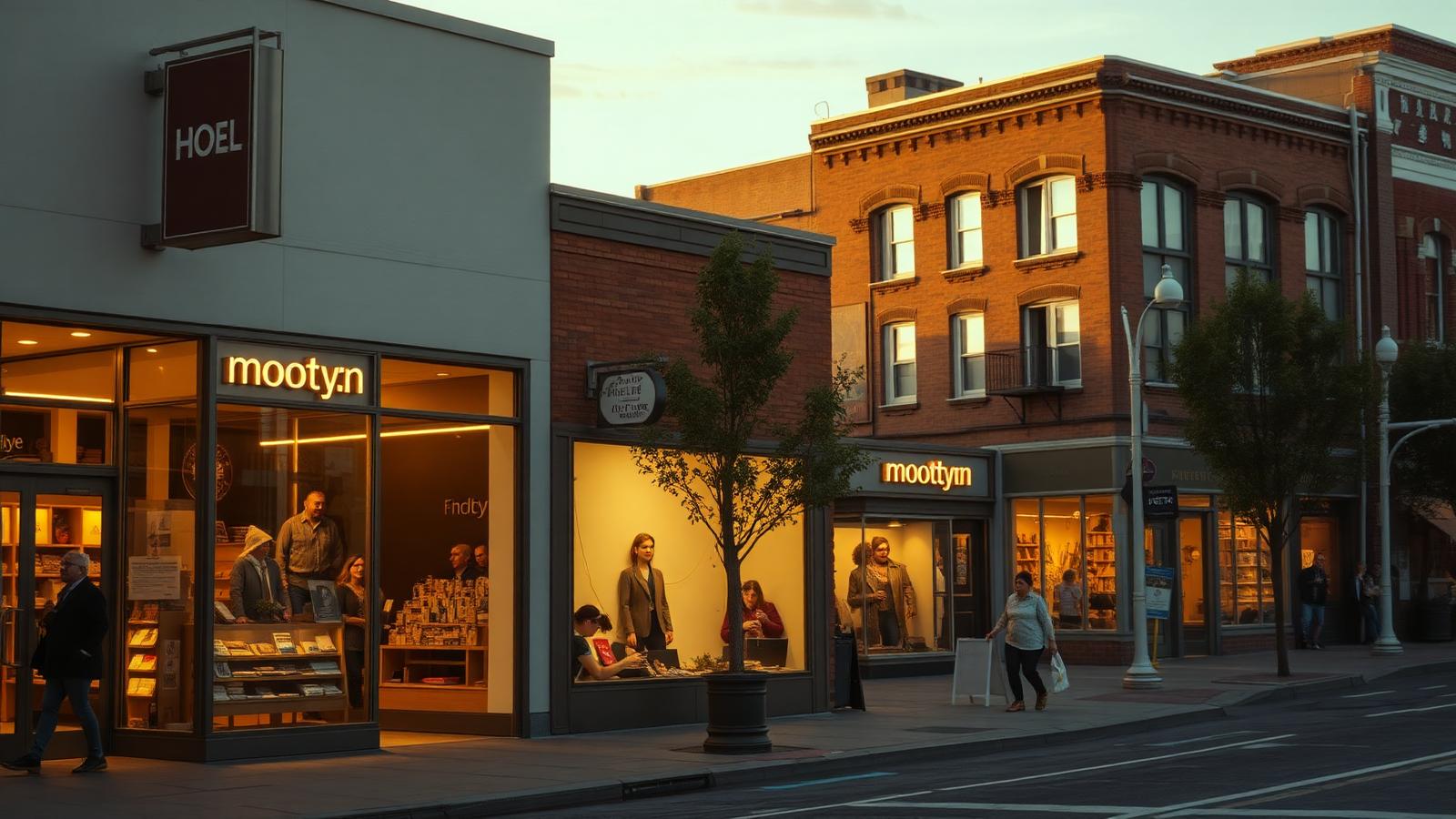 American Main Street storefronts at golden hour