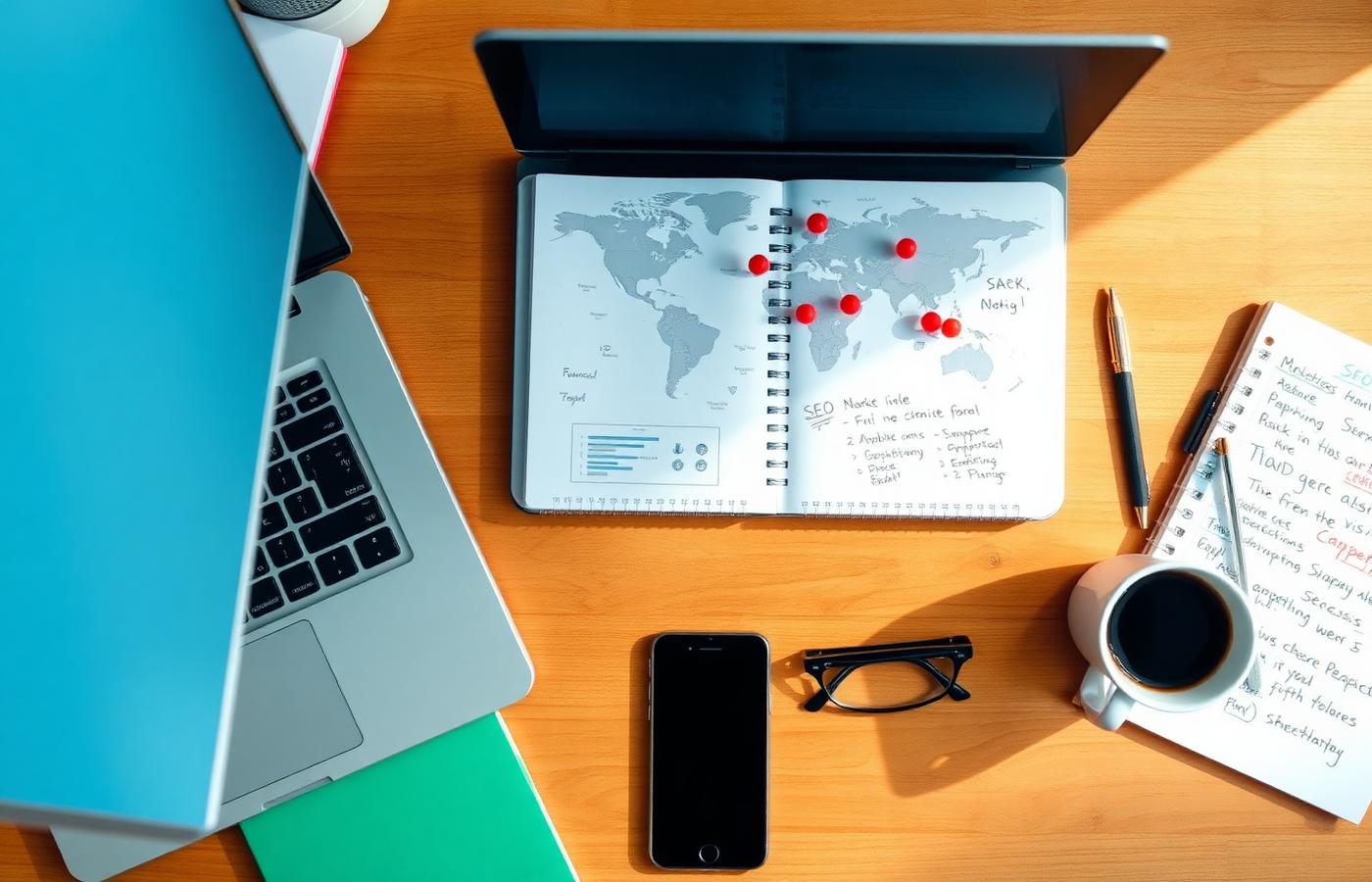 Marketing strategy workspace with maps and notes